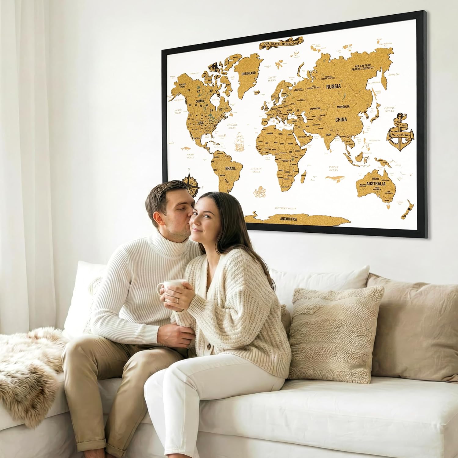 Framed White Cork World Map Wall Art – 36.6 x 24 inches – 1-Piece Design – Modern Travel Pin Board – Office & Home Decor