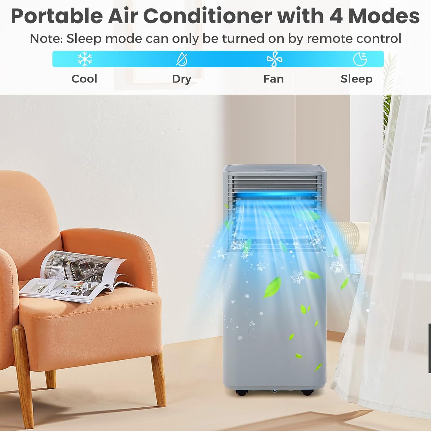 KOTEK Portable Air Conditioners, Air Conditioner for Rooms up to 350 Sq Ft, Ac Unit with Remote Control, 2 Speeds, 4 Modes, 24H Timer & Window Installation Kit for Home/Office/Dorms (Grey, 10000 BTU)