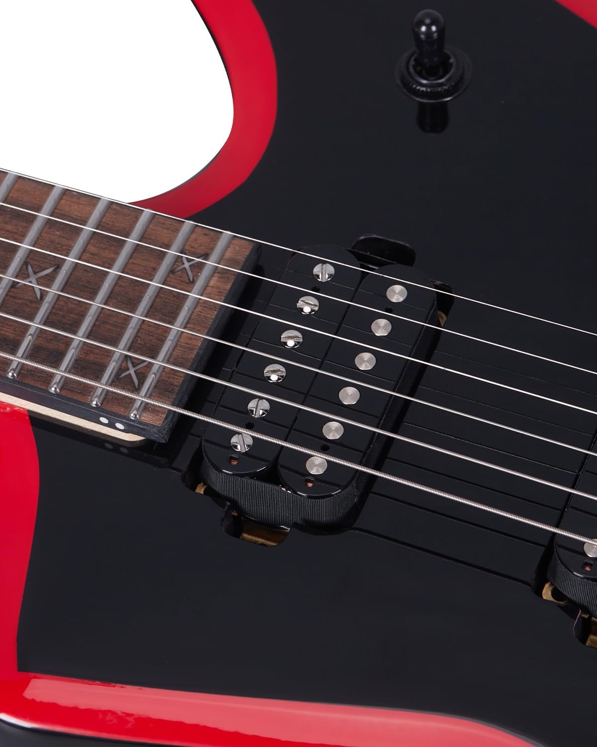 Leo Jaymz Diminator 6-String Electric Guitar, Bone Nut, 24 Fret, Mahogany Body with Roasted Maple Neck, Rose Wood Fretboard, Alnico V Pickups, Double Way Tremolo System With Locking Nut(Black-Red)