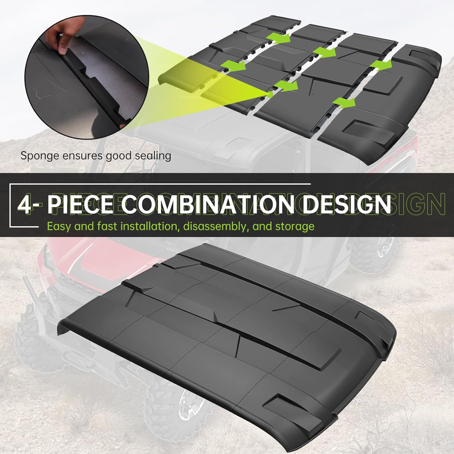 Roof Top for Ranger XP 1000 Crew, 4-Piece Combined Sport Roof Compatible with Polaris Ranger Crew XP 1000 2017-2024 Accessories Replace #2889223 Dustproof Resistant Hard Coat Poly Sun Visor