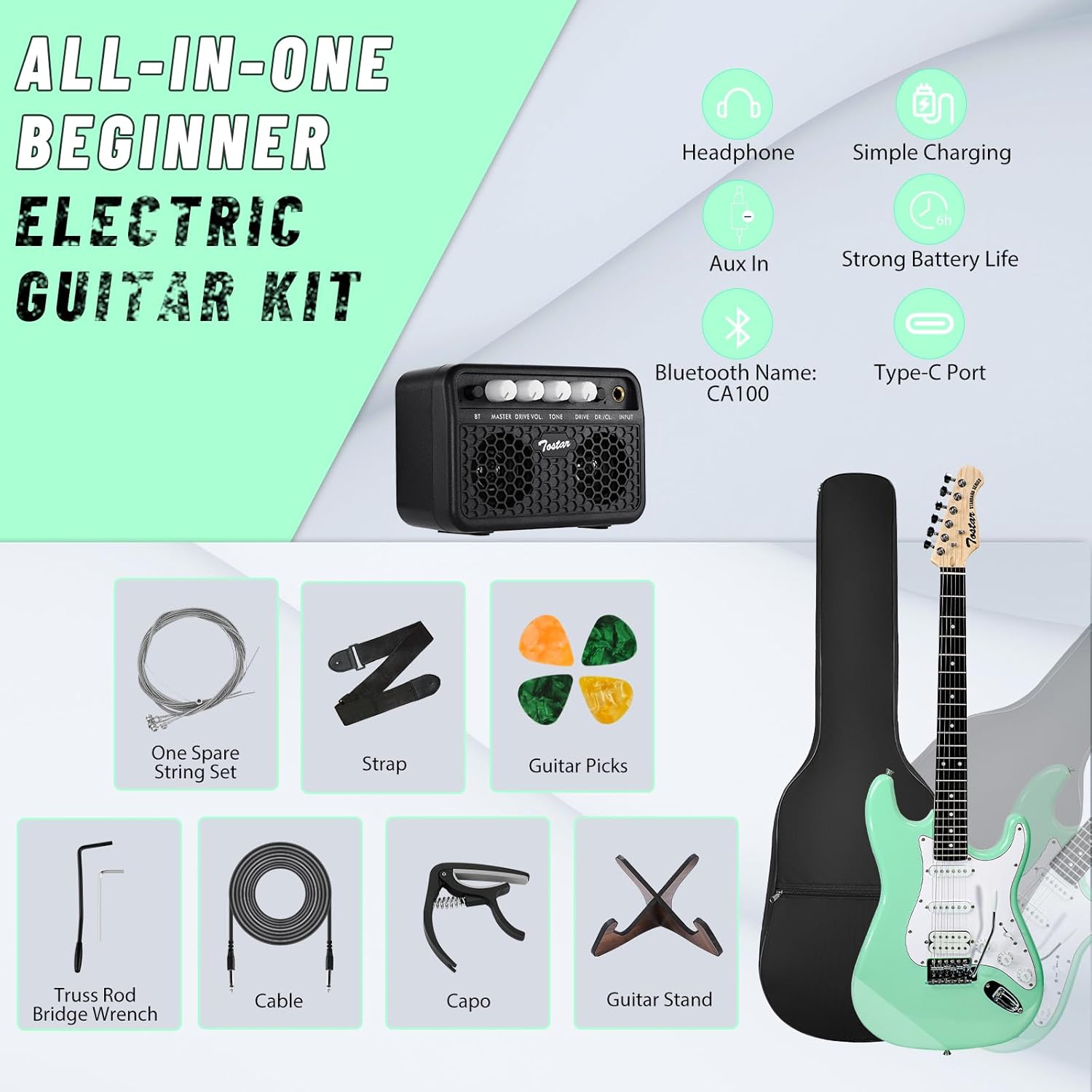 Tostar Electric Guitar Full Size Kit for Beginners 6 String with Amp SSH Pickup with Gig Bag,Capo,Tremolo,Tuner, Strap, Picks Green Electric Guitars 39