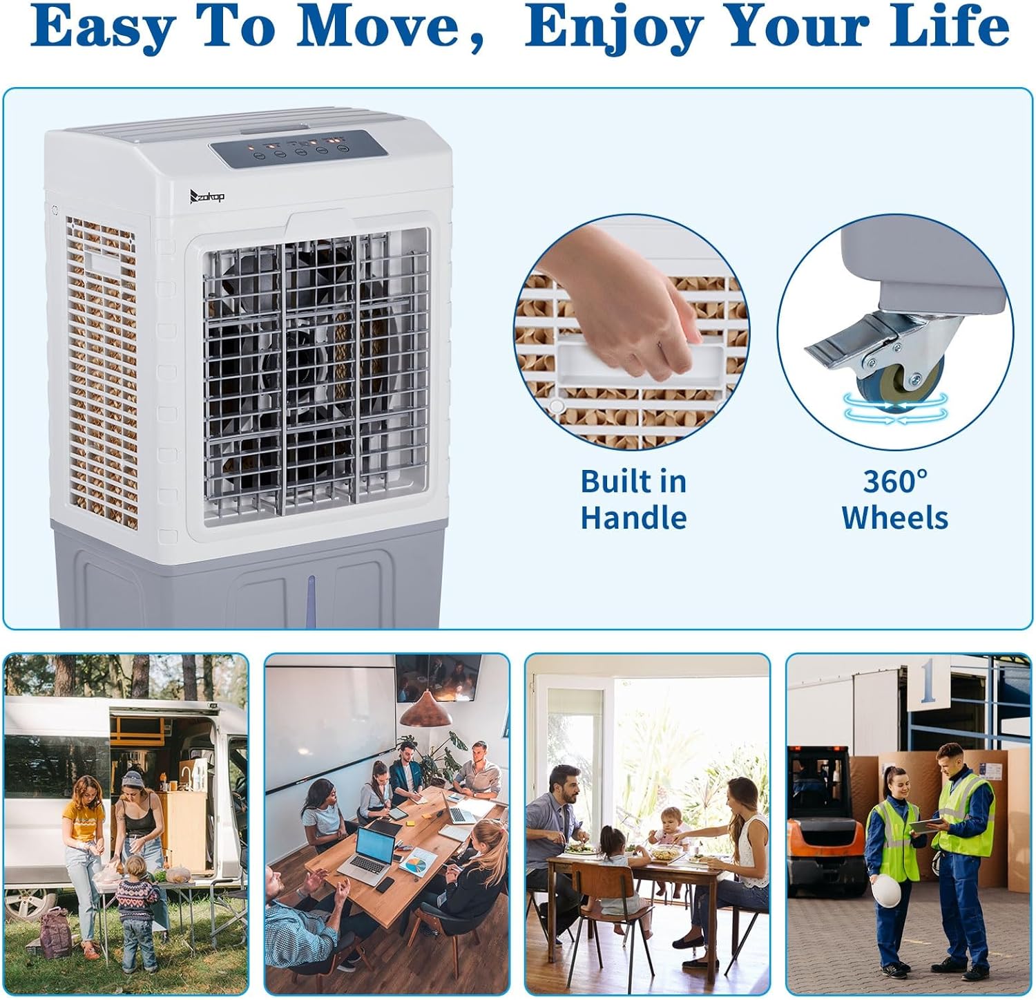 3 in 1 Portable Air Conditioners with Remote Control, Evaporative Air Cooler with 10.57 Gal Large Water Tank, 4 Ice Box & Scroll Casters, 3 Speeds & 7.5H Timer Cooling Fan for Home & Office