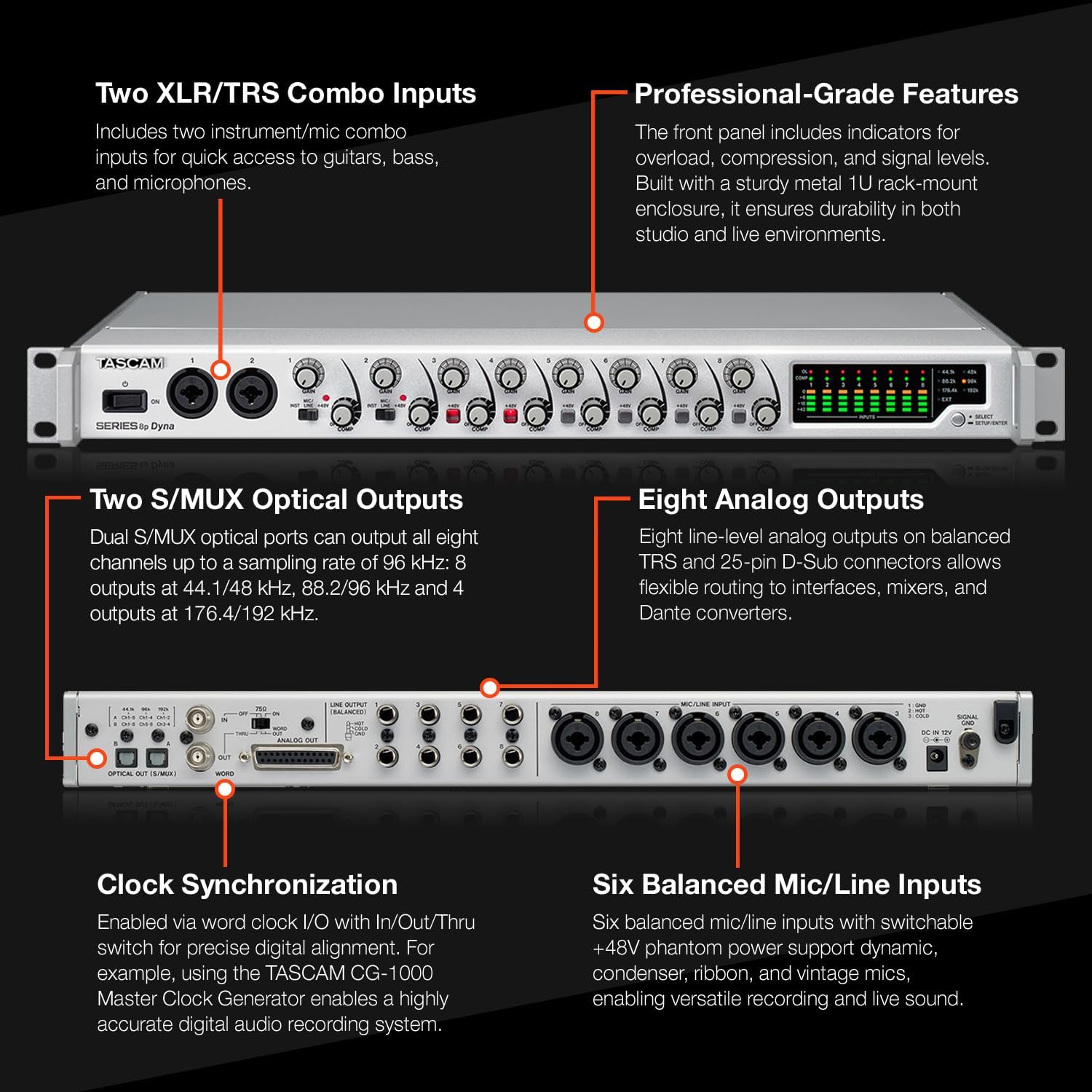 Tascam Series 8p Dyna Microphone Preamp for Recording, 8 Combo XLR/TRS, SMUX x 2, 8 Compressors, 8 outputs (SERIES8PDYNA)