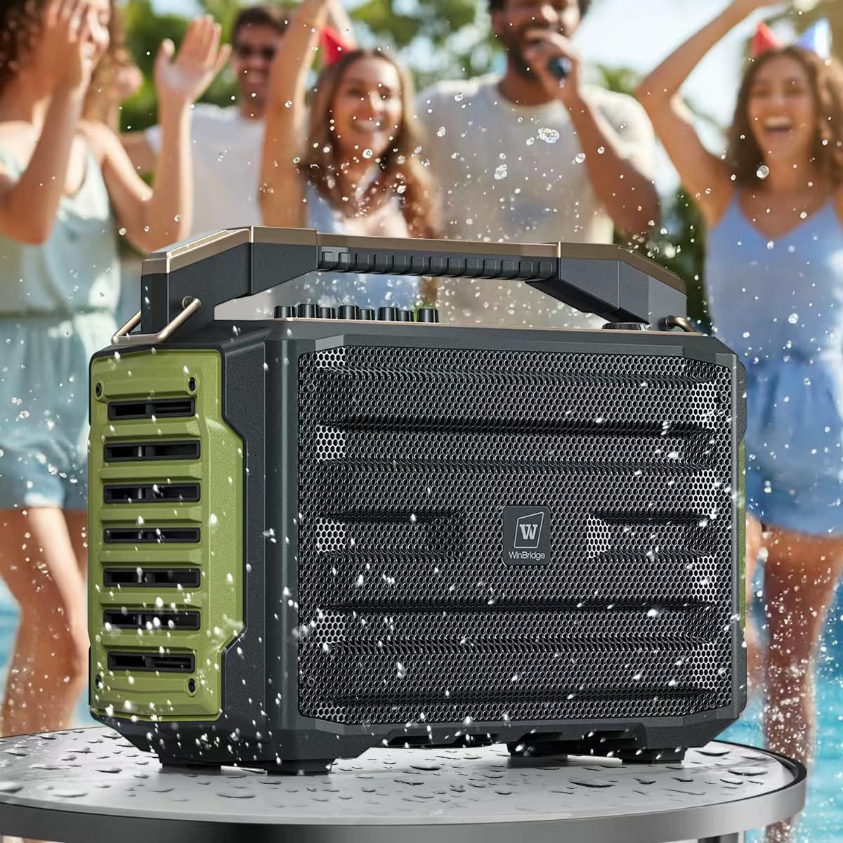 WinBridge K600 200W Portable Bluetooth Party Speaker with 2 Wireless Microphones - IPX4 Waterproof, Karaoke Machine, PA System for Outdoor/Indoor, Big Bass Pro Sound, Voice Amplifier for Teachers