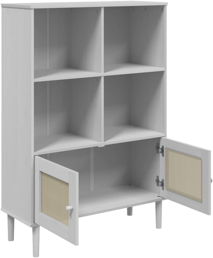 White Solid Pine Wood Bookcase, 35.4x13.8x51.2 in, Bohemian Rattan Look, Adjustable Shelves, Living Room Display Shelf Home Office Furniture