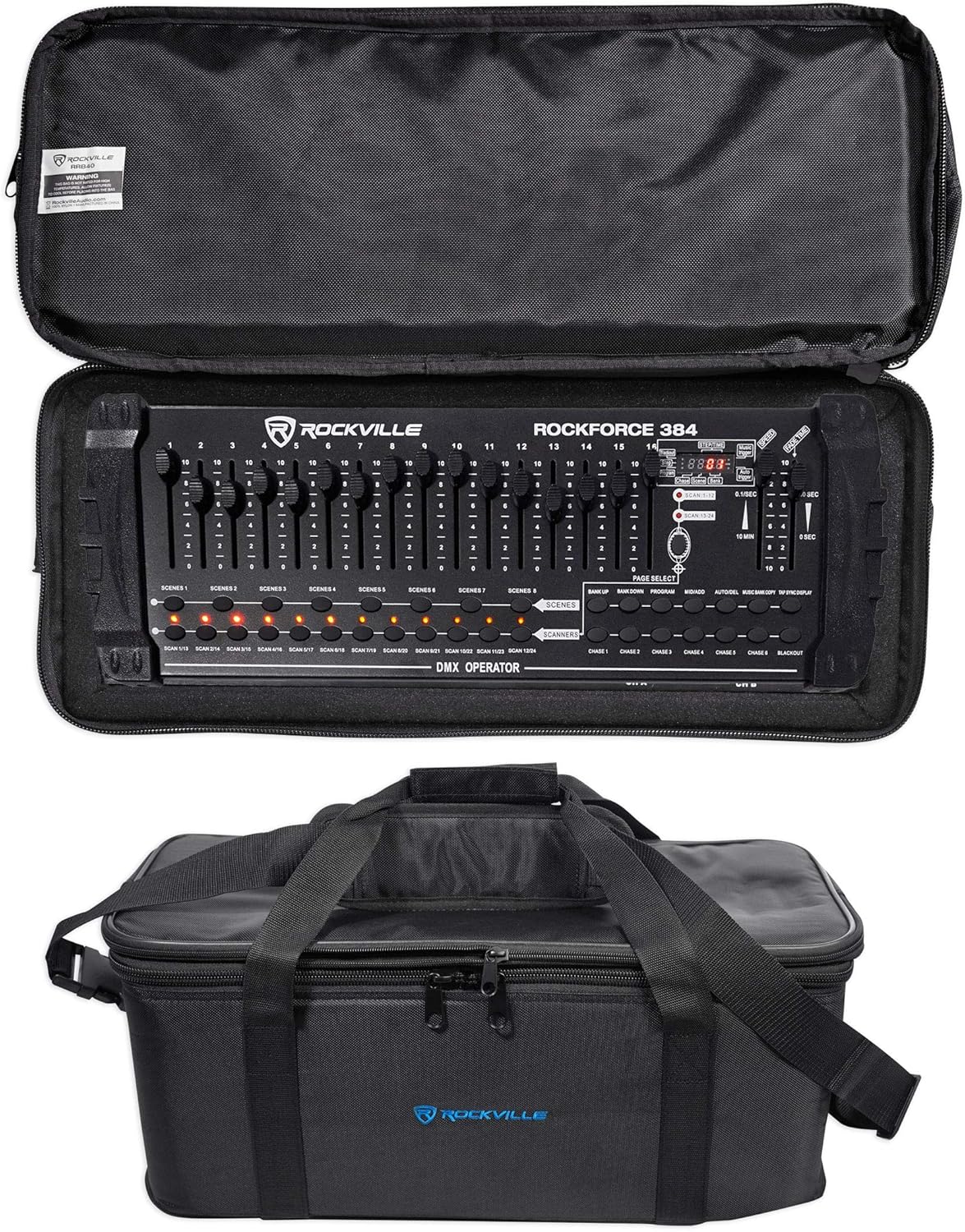 Rockville ROCKFORCE Bundle: 384 Channel DMX Light/Fog Controller with MIDI Control, RRB40 4U Rack Bag with 12