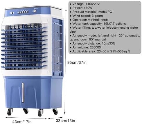 Evaporative Air Cooler, 3 in 1 Swamp Cooler with 4 Ice Crystal Box, Air Conditioner Portable with 3 Speeds, 2 Modes, Knobs for Outdoor, Office, Home(95cm/37in)