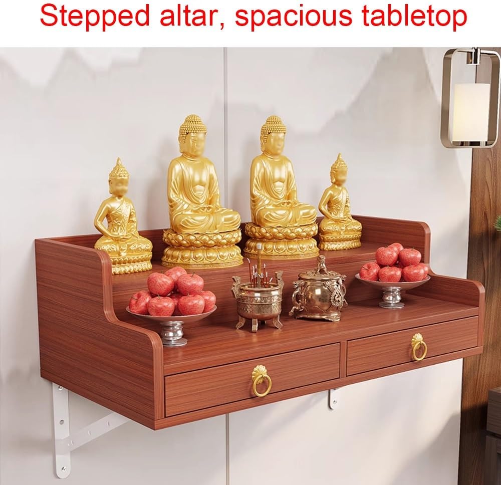 Space-Saving Stepped Buddha Altar Shelf Wall-Mounted/Countertop Sacred Shelf for Buddha Statues & Offerings Wall Cabinet Buddha Cabinet Niche with Drawer(Teak,11.8in)