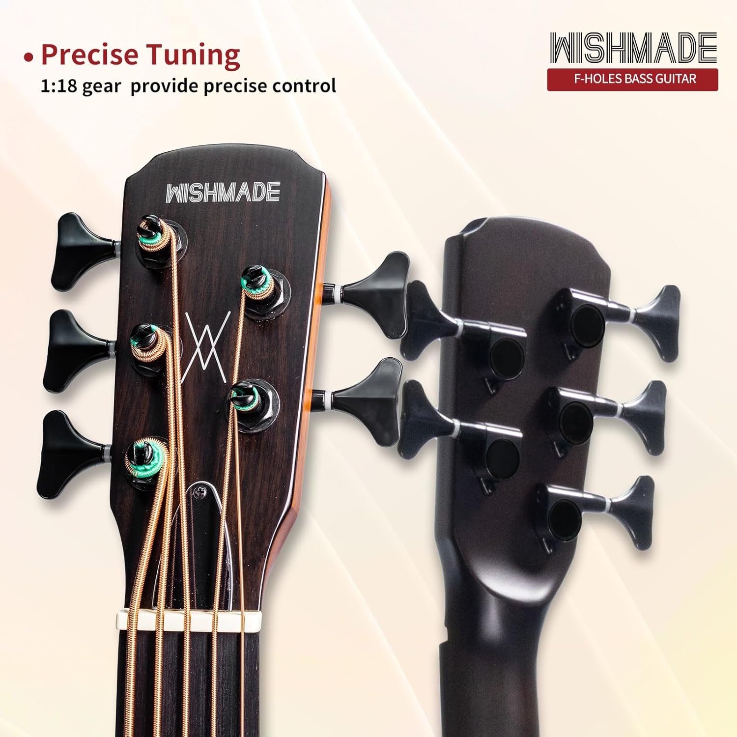 WISHMADE Acoustic Bass Guitar with F-Holes | 5 String Bass Guitar for beginners adults, Flamed Maple Top With Gig Bag-BK