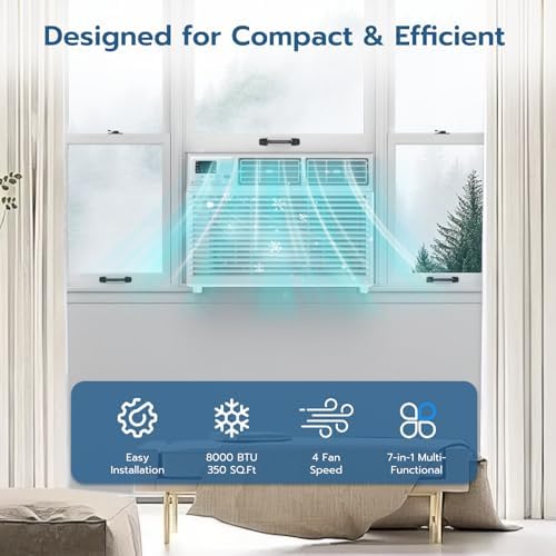 ZAFRO Window Air Conditioners 8000BTU, Cools 350 Sq. Ft,2 Cooling Mode & Fan Speeds,Ultra-Quiet Remote,White