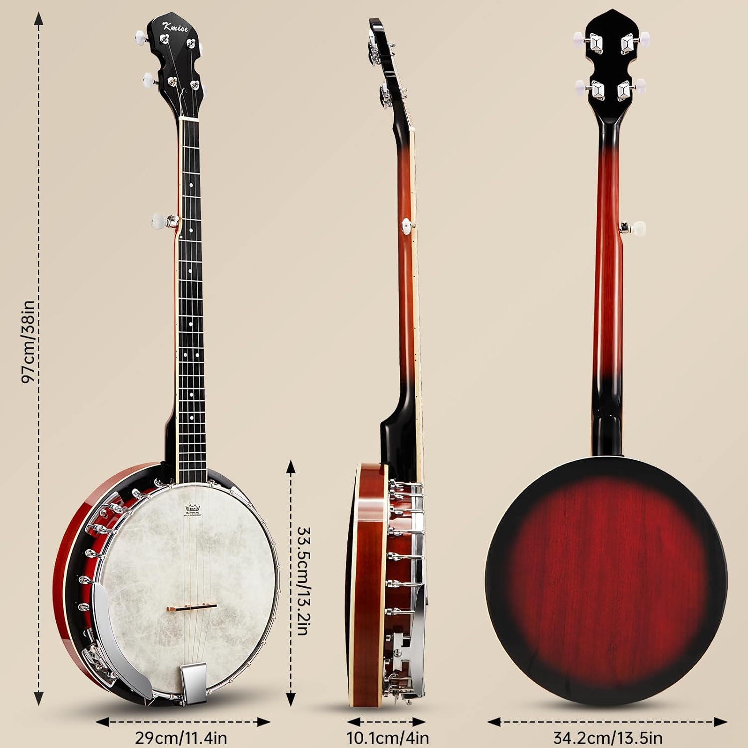 Kmise Banjo, 5 String Banjos with Remo Head Full Size 38 Inch Closed Back with Removable Resonator, Strings Pack, Finger Picks, Strap, Case, Tuner Set Accessories for Starter Adults Beginner Gift
