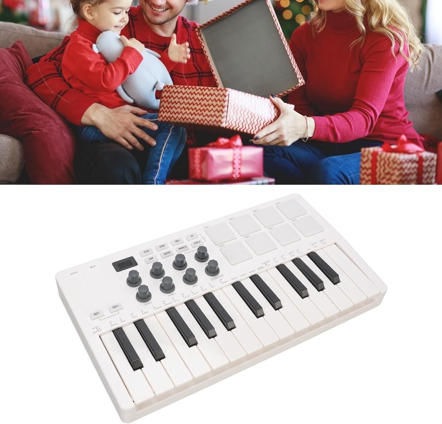 25 Key MIDI Keyboard Controller, 8 Backlit Drum Pads & 8 Assignable Rotary Knobs, Wireless Bluetooth MIDI Controller for Musician Music Production, White