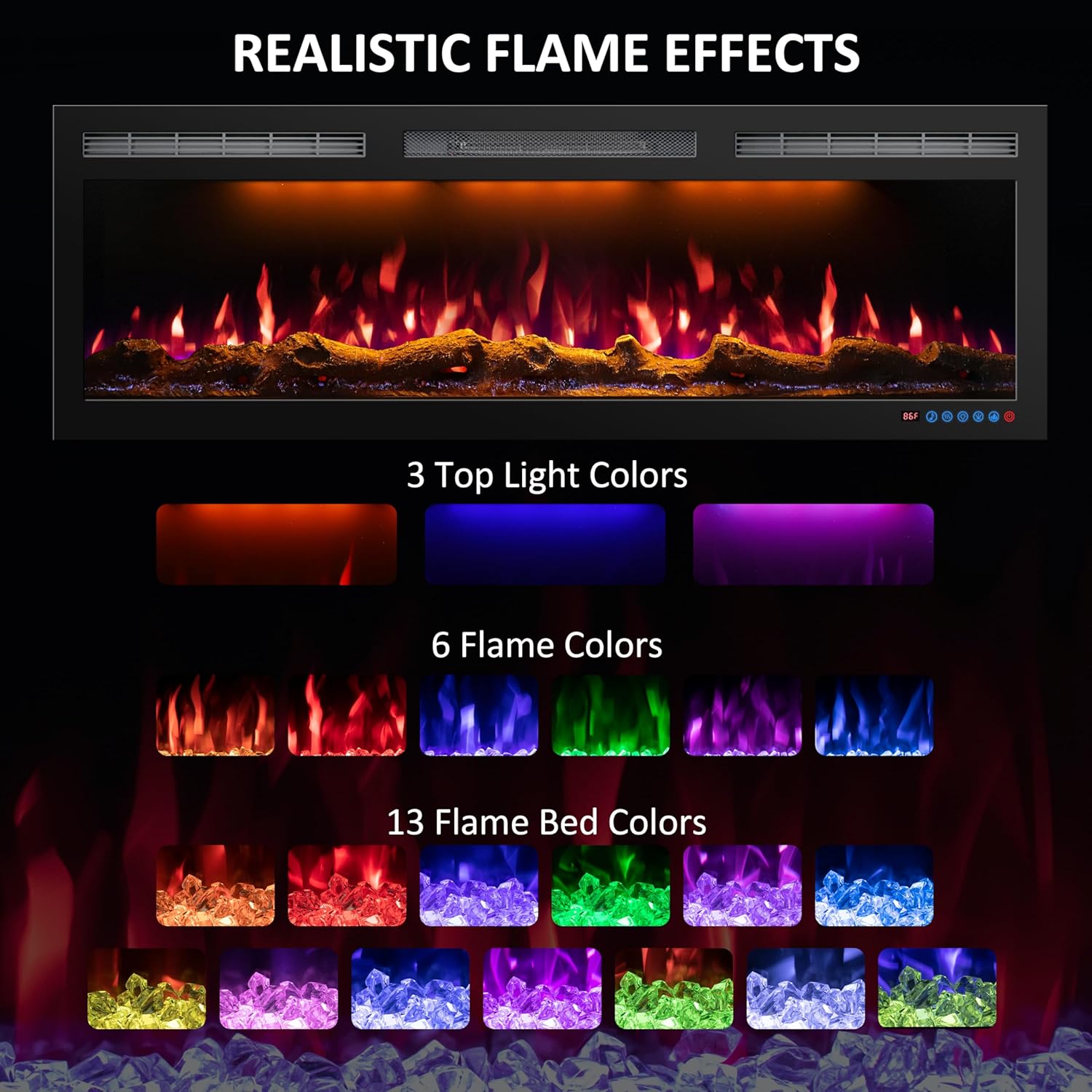 72 Inch WiFi-Enabled Electric Fireplace Inserts & Wall Mounted, Slim Electric Fireplace Heater, 750/1500w, Adjustable Flame Color, Remote Control & Touch Screen, Logs & Crystals, Black