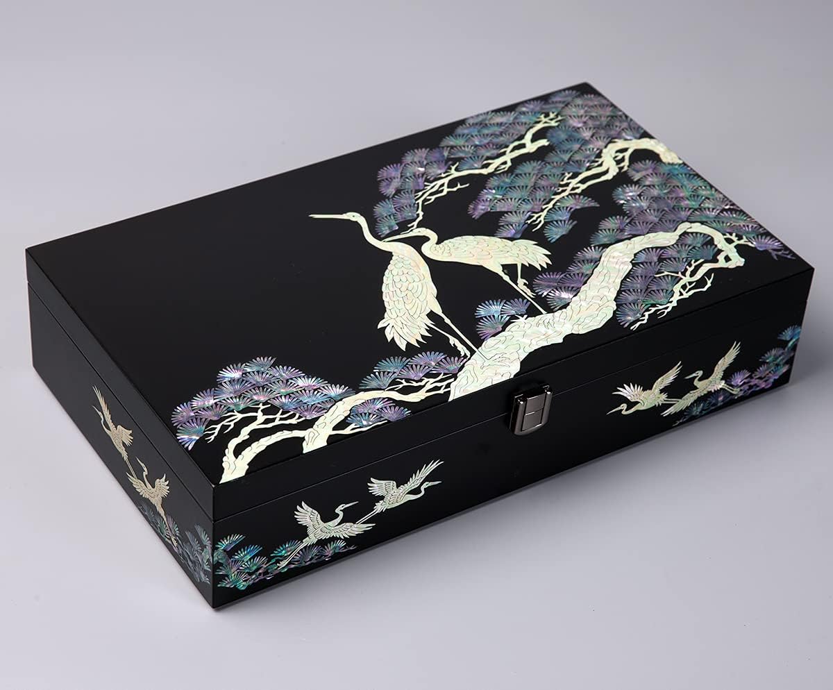 Antique Alive Mother of Pearl Wood Sunglasses Box Eyeglasses Valet Display Storage Case for Glasses, Watches, Jewelry, Trinkets Wooden Accessory Organizer Gift (Crane & Pine Black)