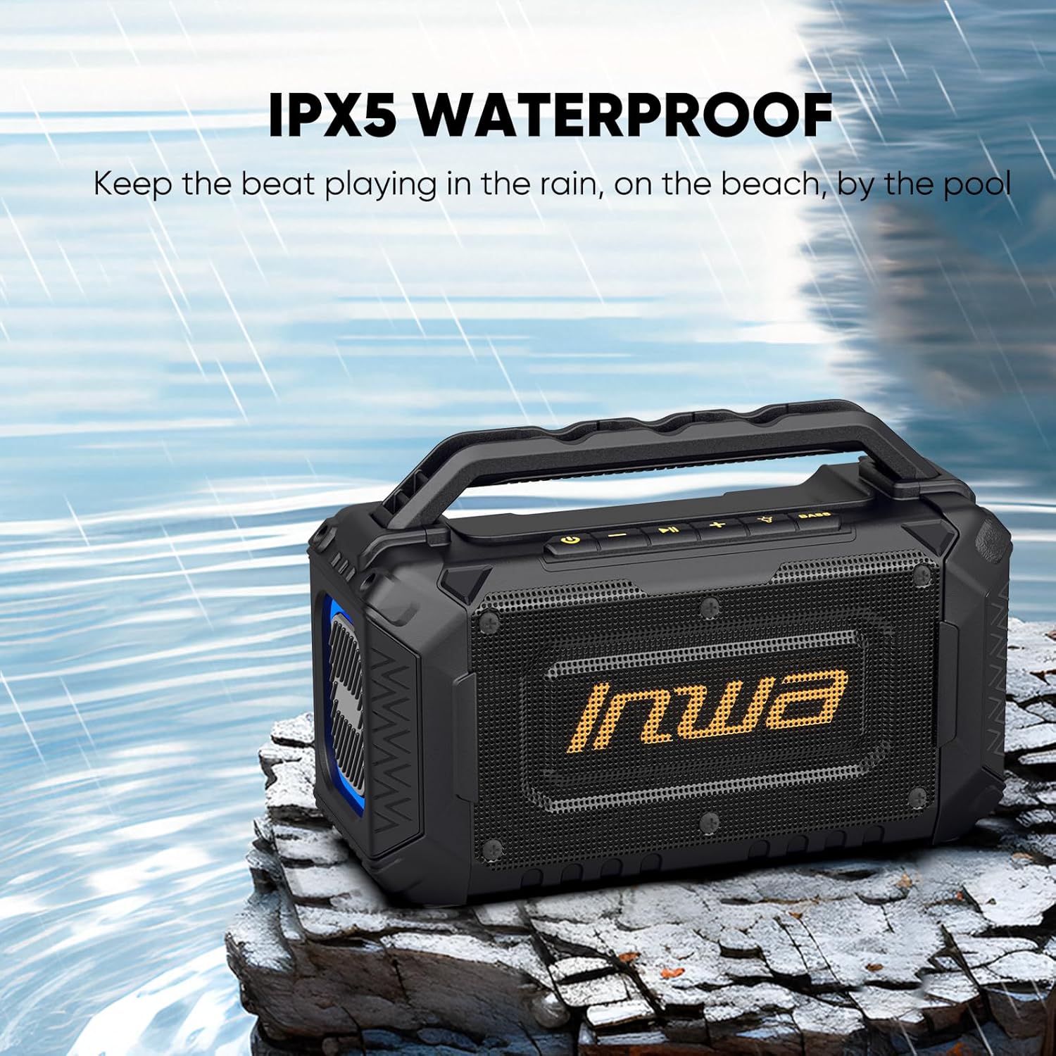 Inwa Portable Bluetooth Speakers for Jobsite - 60W Waterproof Loud Outdoor Speaker with Bass, Wireless Boombox w/Stereo Sound & RGB Lights, 12H Playtime, Durable for Work, Workshop, Garage, Camping