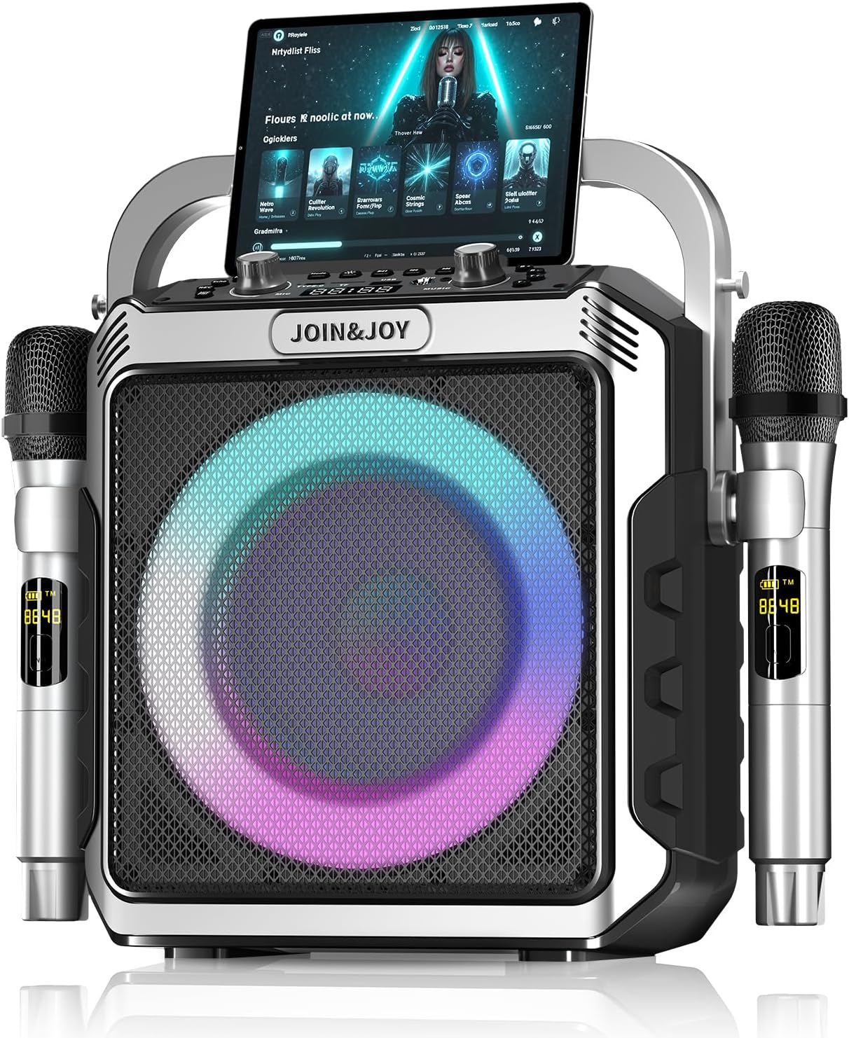 Portable Karaoke Machine, with Wireless Microphones, Bluetooth Party Speaker with LED Lights, Loud Subwoofer, USB/AUX, Outdoor Karaoke Speaker for Adults & Kids, Home & Party