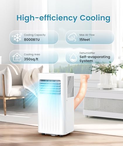 Joy Pebble Portable Air Conditioner, 8000 BTU Air Conditioner with Cooling, Fan, Dehumidifier, Sleep Mode, ≤55 db, Cooling up to 350 Sq. Ft. with 24H Timer/Digital Display/Remote Control & Window Kit