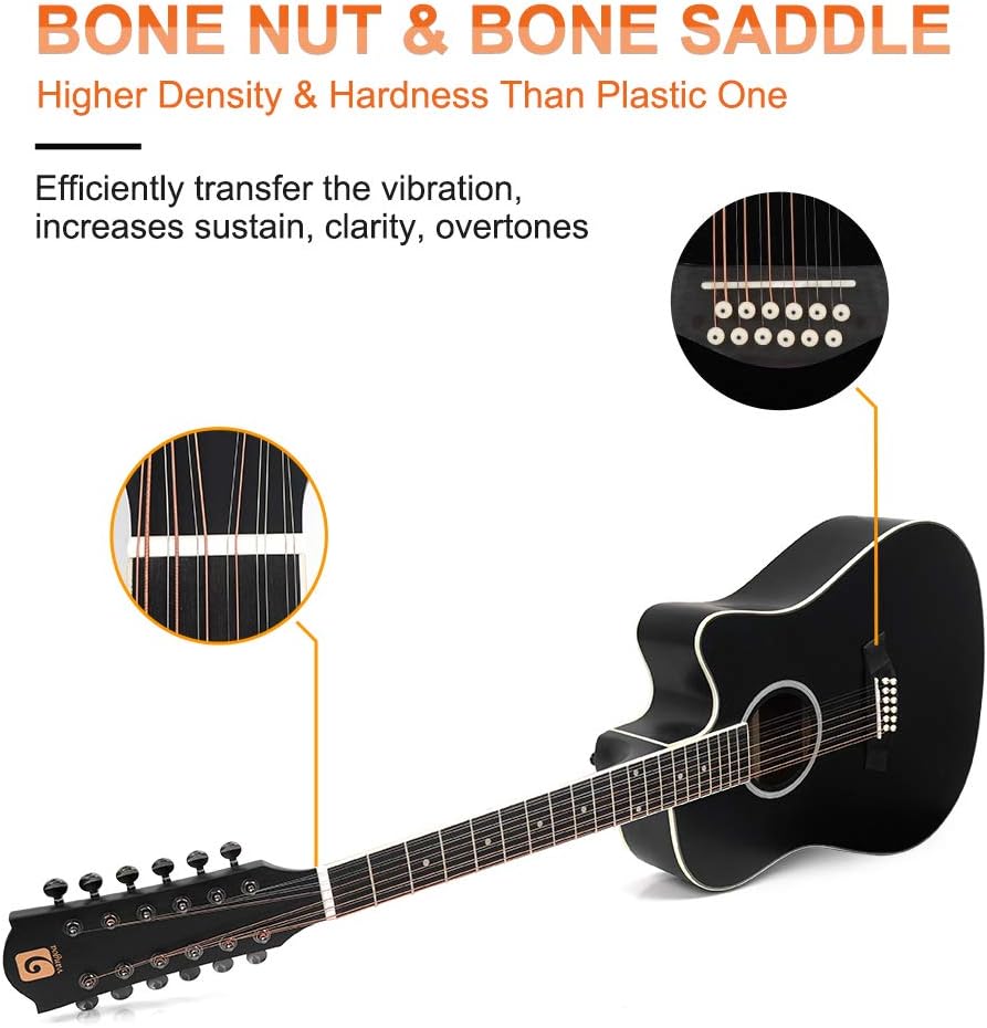 Vangoa 12 String Guitar, Twelve String Guitar Acoustic Electric Cutaway Guitarr Bundle with Strings Set