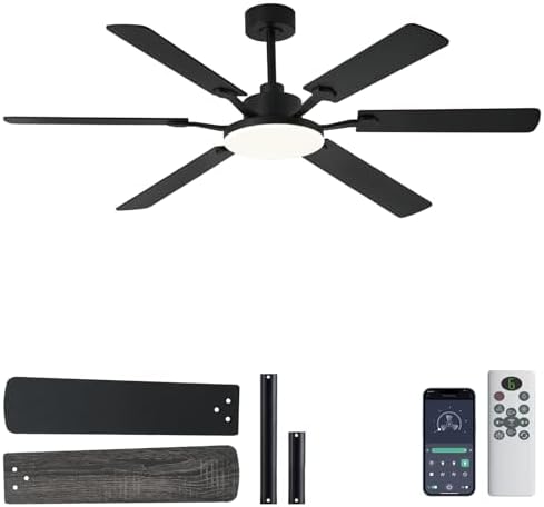 60 Inch Ceiling Fans with Lights, Large Modern Black Ceiling Fan with Light and Remote Control, 6 Double Sided Blades, 6 Speed Reversible Motor, Dimmable LED, Silent Timing, Indoor Outdoor Patio Use