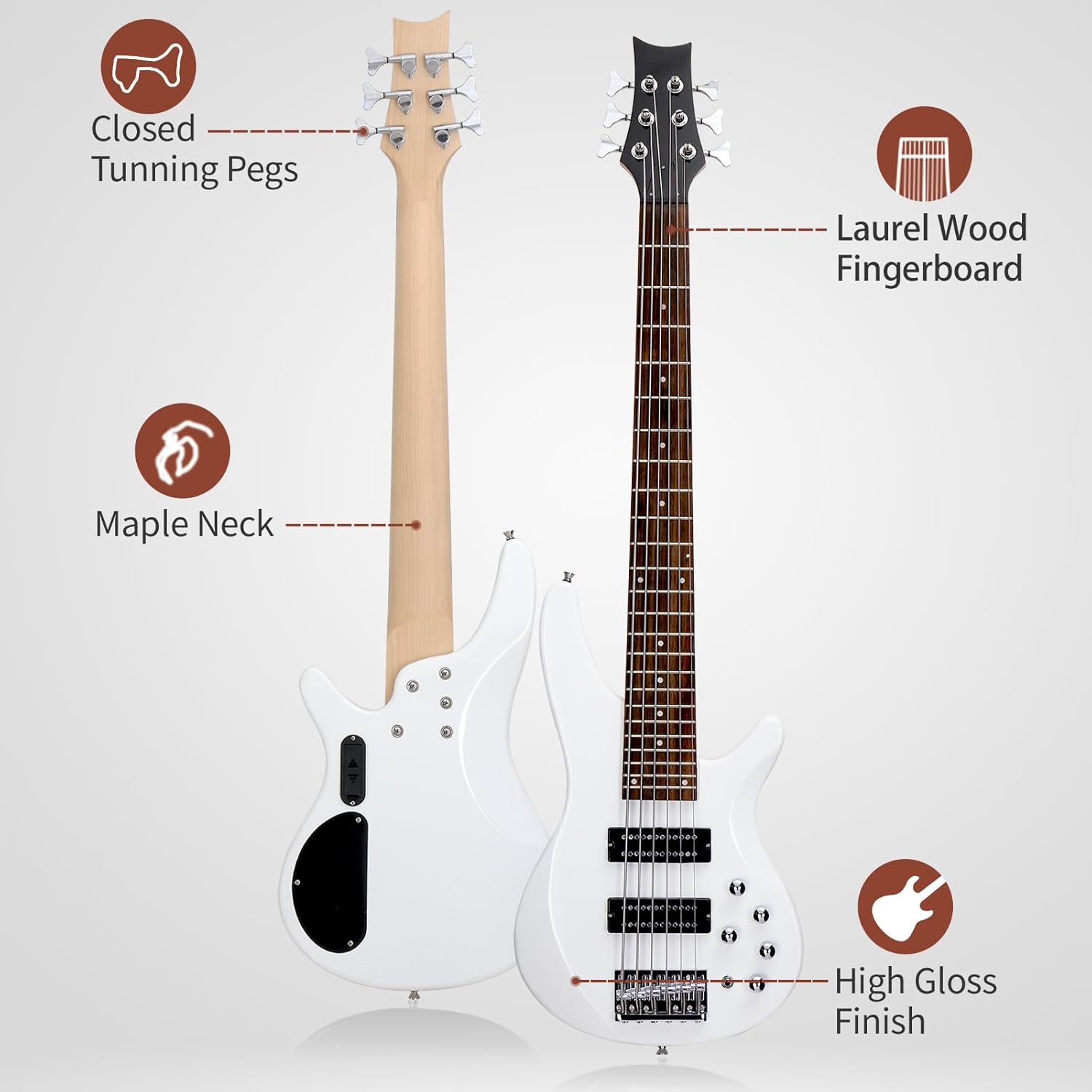 Ktaxon Bass Guitar 6 String Electric Bass Guitars, Beginner Bass Guitar with Professional H-H pickup, 3 Way Pickup Selector, Premium Cable, Unique Body Design for Beginner (Upgraded White)