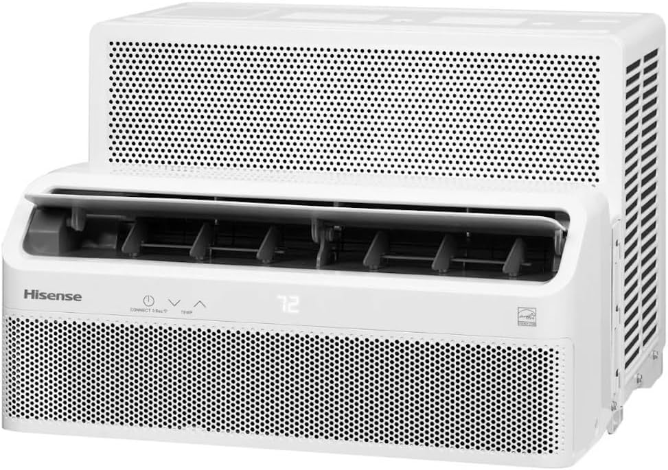 Hisense 8,000 BTU Smart Inverter Window Air Conditioner Easy Install Bracket, Up to 350 Sq Ft, Ultra-Slim Profile, 3 Speed, 700W, 4‑Way Air Direction HLAW0825TW (Renewed)