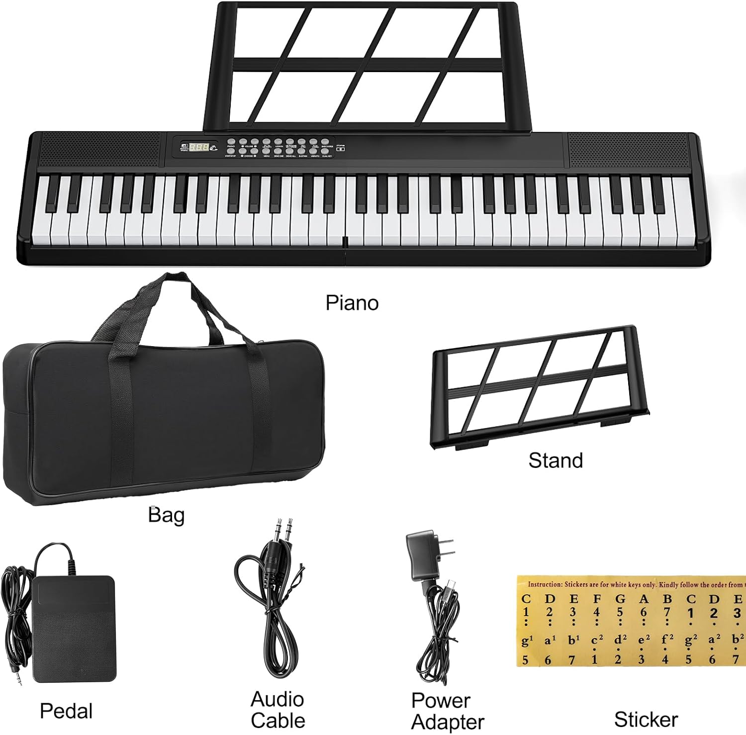Electronic Piano Keyboard,Bluetooth Foldable 61 Key Semi-Weighted Digital Pianos with Power Adapter,Pedal,Sheet Music Stand,Sticker,Bag,Gift for Beginners,Black