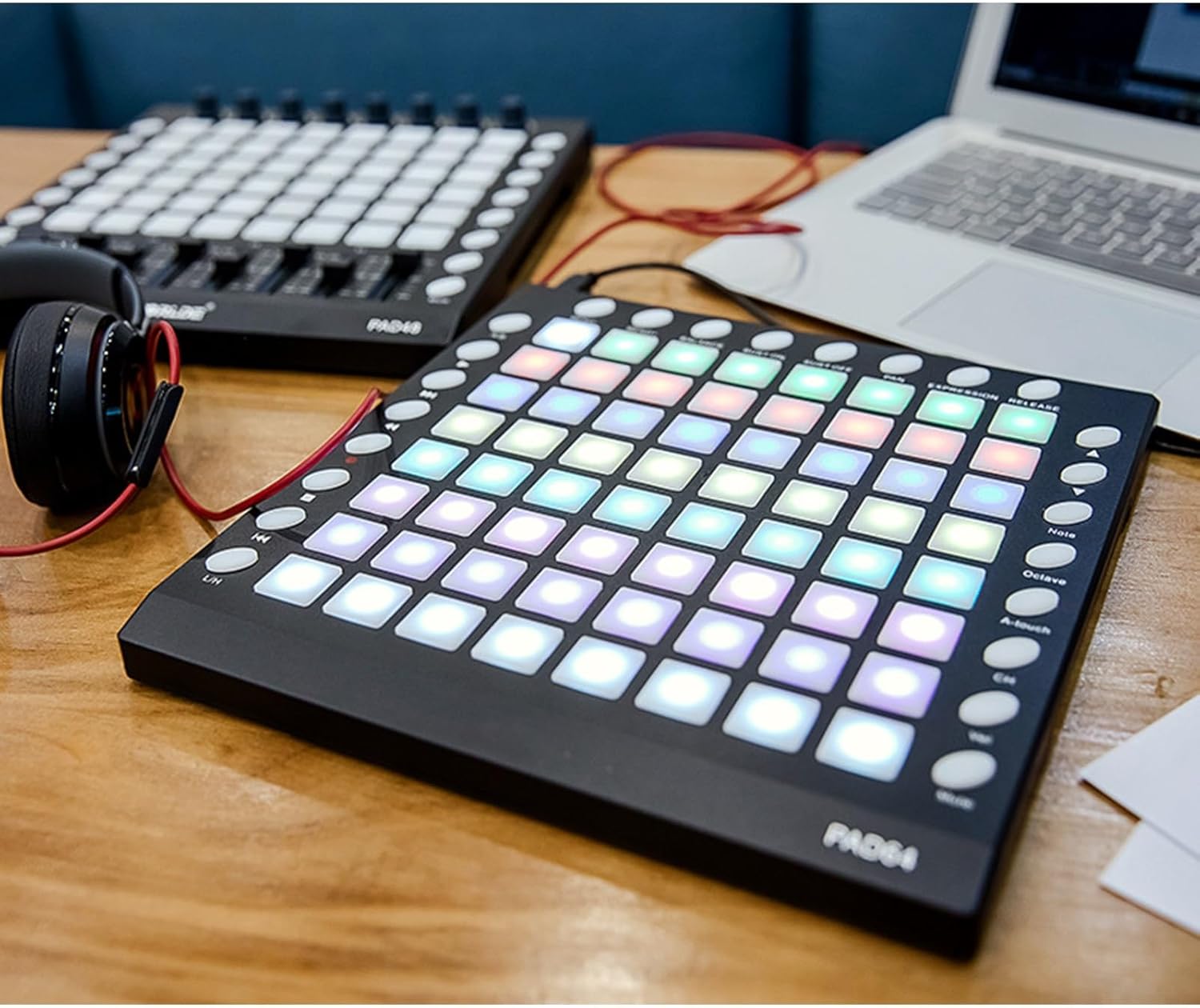 MIDI Drum Pad Controller MIDI Strike Pad 64 RGB Backlit Velocity Sensitive Pads 24 Function Buttons USB,128MB Sound Module for Live Performance Music