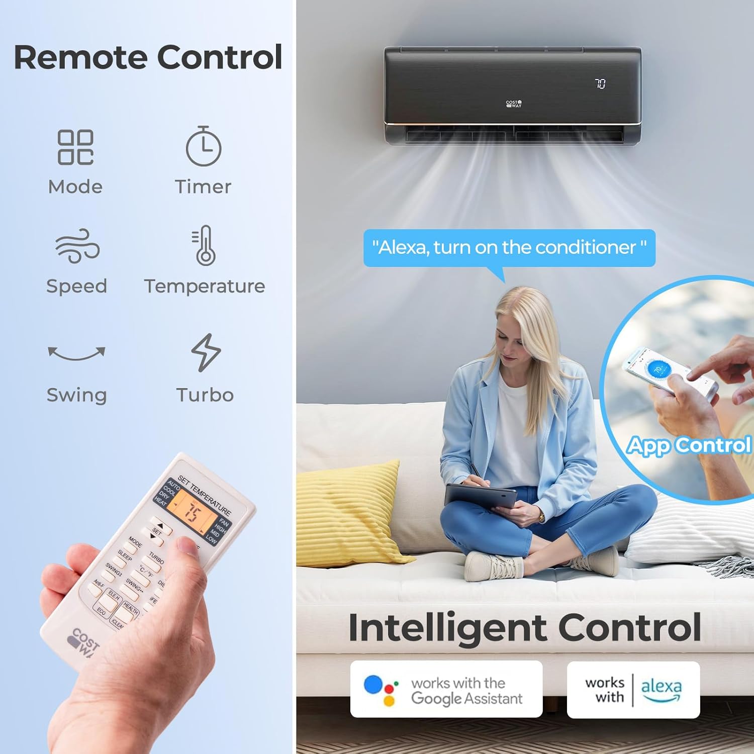 COSTWAY 9100BTU Mini Split Air Conditioner& Heater, 20.5 SEER2 115V Inverter Heater Pump System Cools Up to 450 Sq. Ft, Compatible with Alexa, Installation Kit (9100BTU, 115V, 20.5 SEER2)