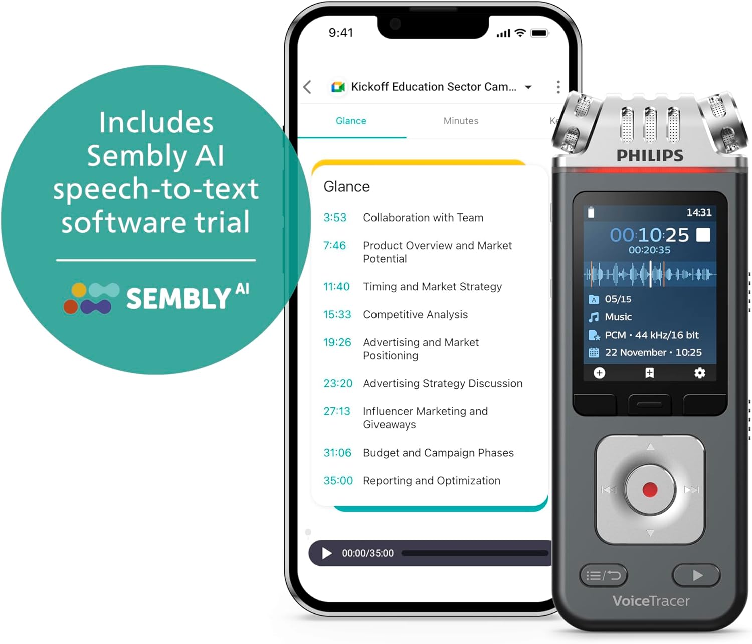 Philips VoiceTracer DVT6115 Music Recorder with Sembly AI Speech-to-Text Software Trial