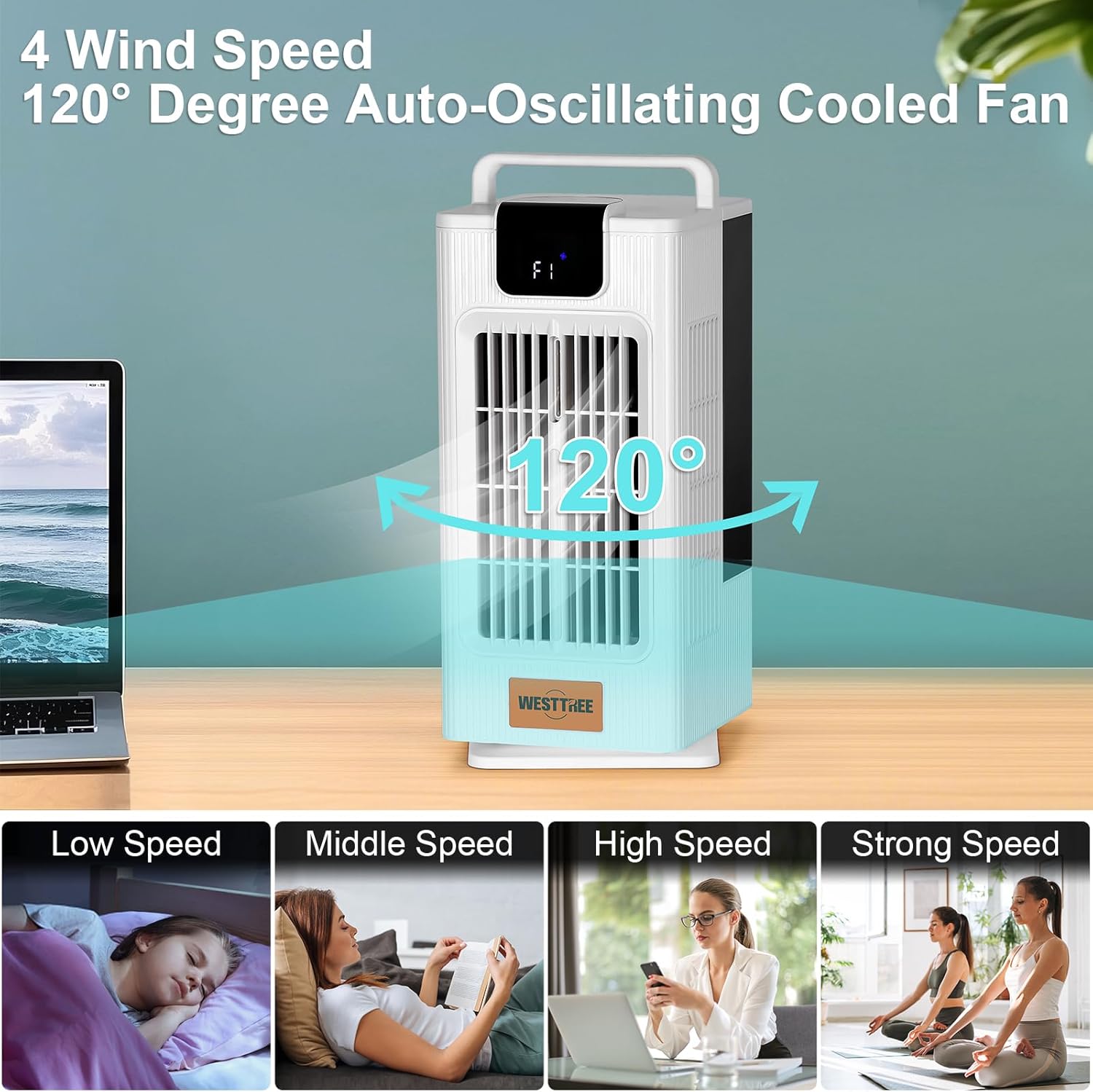 Desk Tower Fan Air Conditioner Misting Fan,120°Oscillating Air Conditioner,3 Level Humidify & 4 Speeds, 7 RGB Color Night Lights,Desk Portable Air Conditioners for Bedroom Home -F10 White