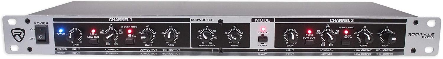 Rockville RX230 2-Way Stereo/3-Way Mono Crossover, XLR Input/Output, Adjustable Crossover Range, 24 dB/Octave Filters, Rack-Mountable for DJs and Live Sound