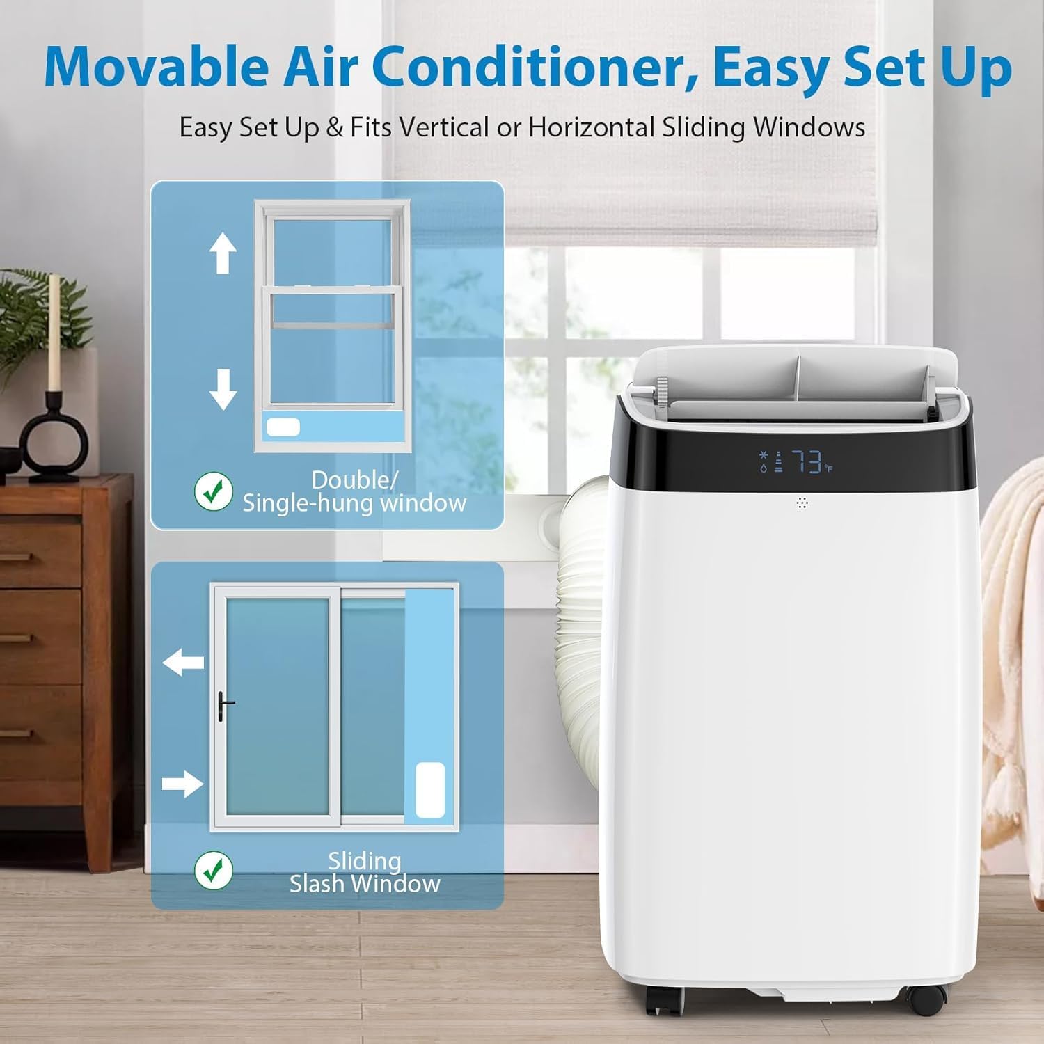 10000 BTUs Portable Air Conditioner, Cools up to 450 Sq. Ft. 3-in-1 Cooling, Dehumidification, Fan Mode, with Remote Control and Window Mounting Kit, LED Display, 24-Hour Timer, for Living Rooms