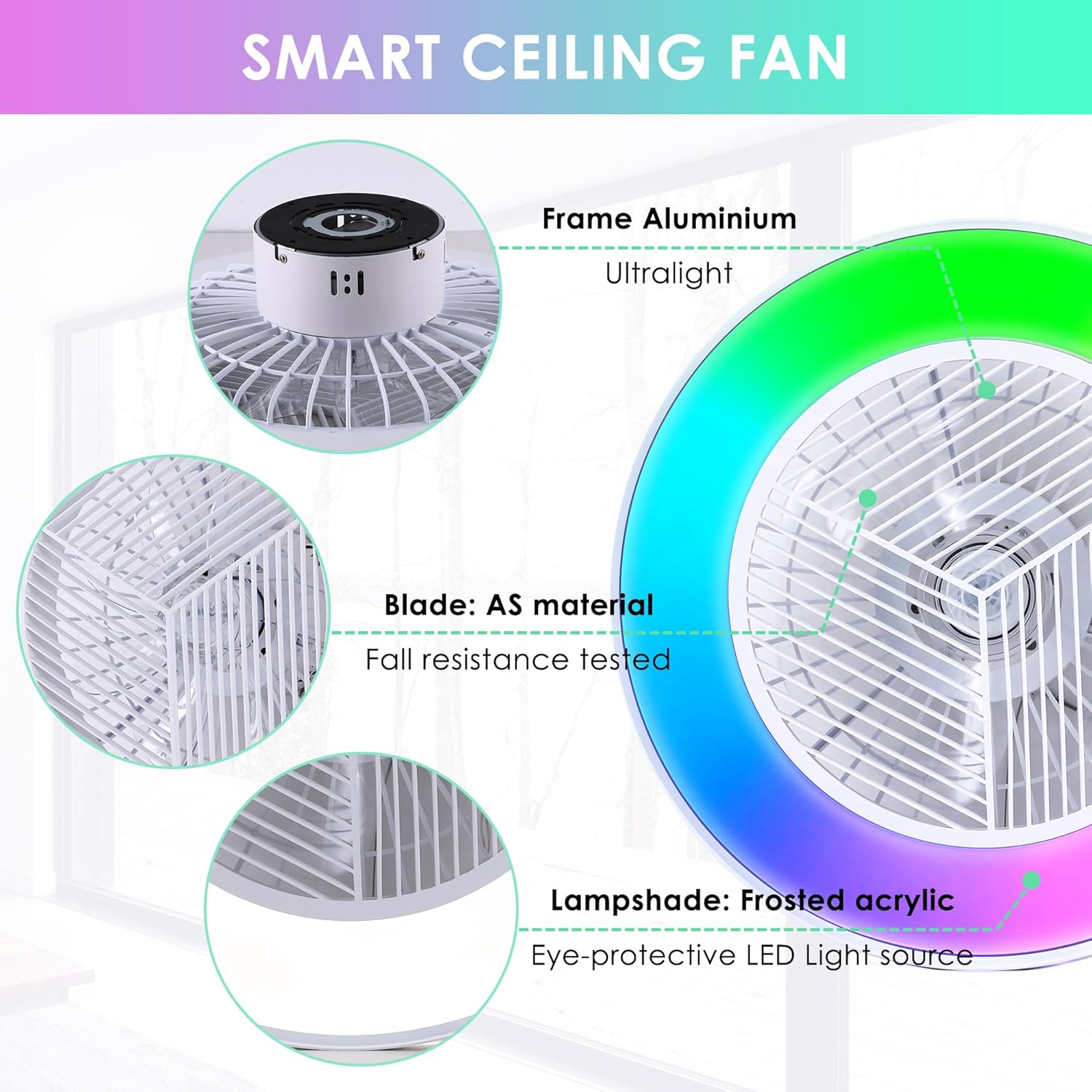 Smart Low Profle Ceiling Fans with RGB Lights Remote/APP/Voice Control, 20
