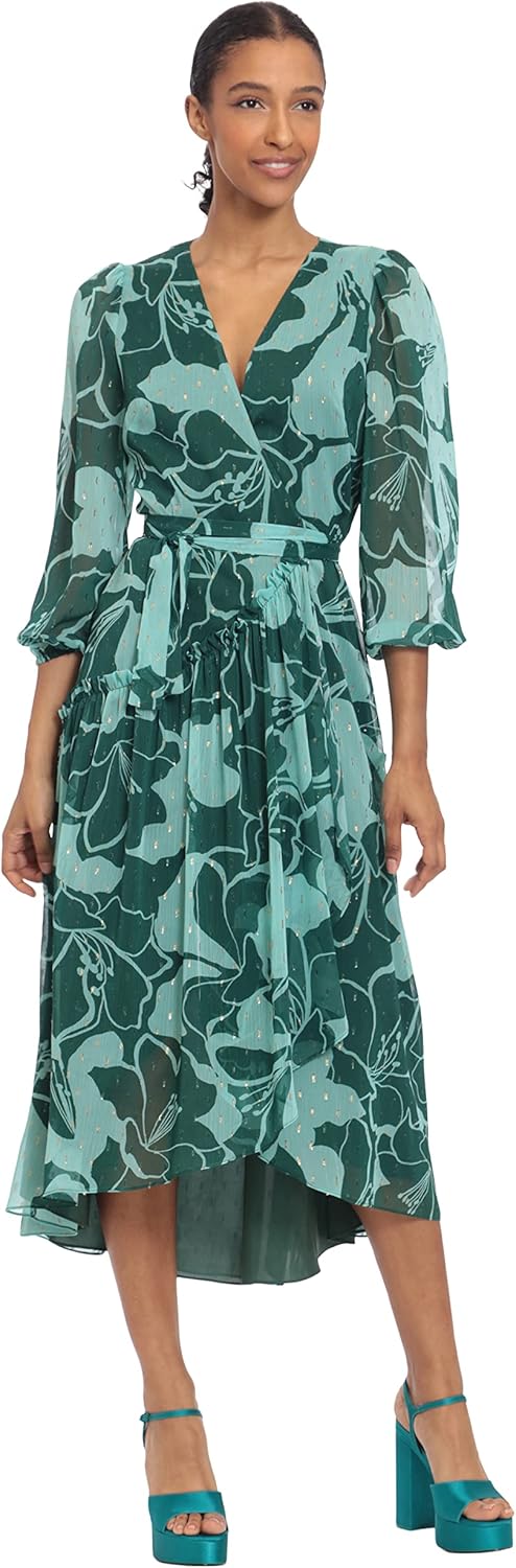 Donna Morgan Women's 3/4 Sleeve Wrap Midi Dress