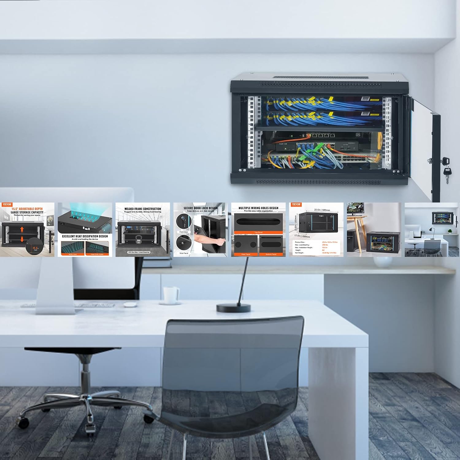 VEVOR 6U Wall Mount Network Server Cabinet, 15.5'' Deep, Server Rack Cabinet Enclosure, 200 lbs Max. Ground-Mounted Load Capacity, with Locking Glass Door Side Panels, for IT Equipment, A/V Devices