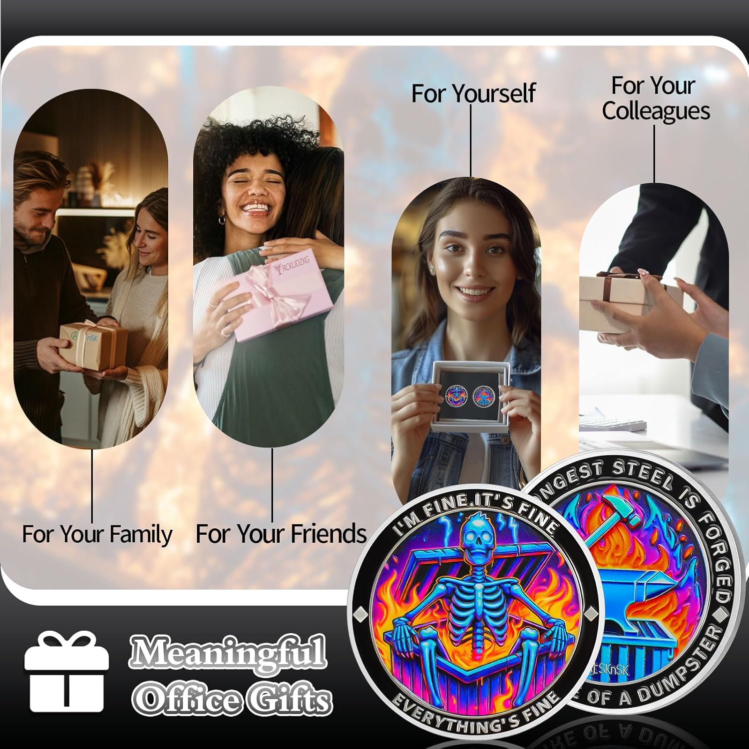 10Pcs Purple Flame Skeleton Dumpster Fire Coin, I'm FINE Dumpster Fire Challenge Coin - Funny Office Desk Accessories - Novelty Coins Pocket Token - Inspirational Office Gifts for Men Women