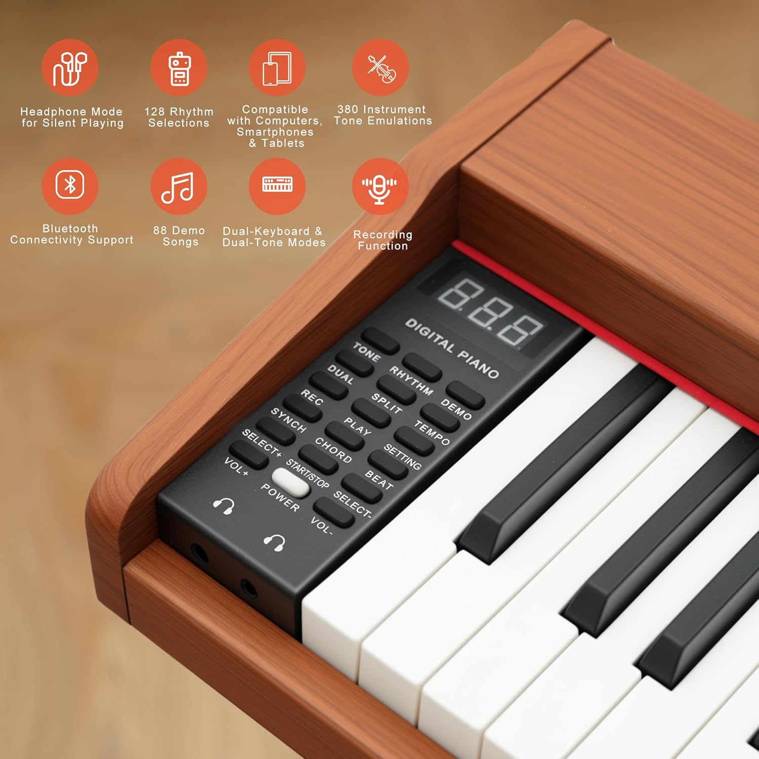 Digital Piano 88 Key Weighted Keyboard, Full-size Electric Piano for Beginners, with Triple Pedal, Sheet Music Stand,Supports USB-MIDI&BLUETOOTH Connecting, Retro Wood Color