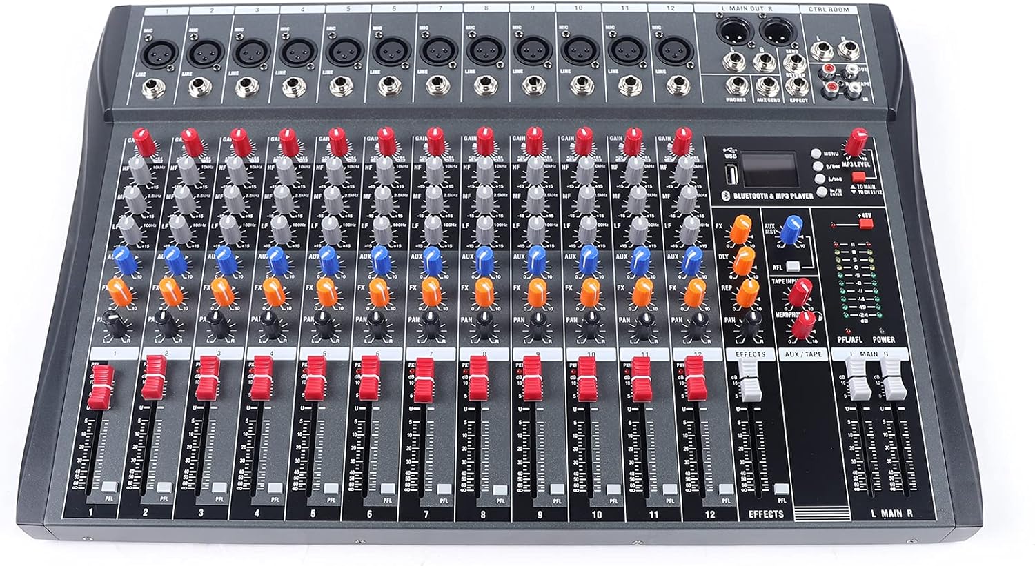 12 Channel Audio Mixer, Professional Live Studio Audio Mixer with Bluetooth USB PC Recording Input, Mixing Console Amplifier Studio, Black