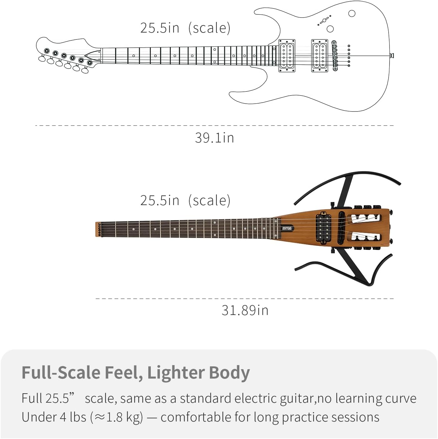 Travel Electric Guitar Headless – Portable Ultra-Light and Quiet, Full-Scale 25.5” Rosewood Fingerboard, glow humbucker, Gig Bag, Removable Stands include all Accessories Left Handed Brown