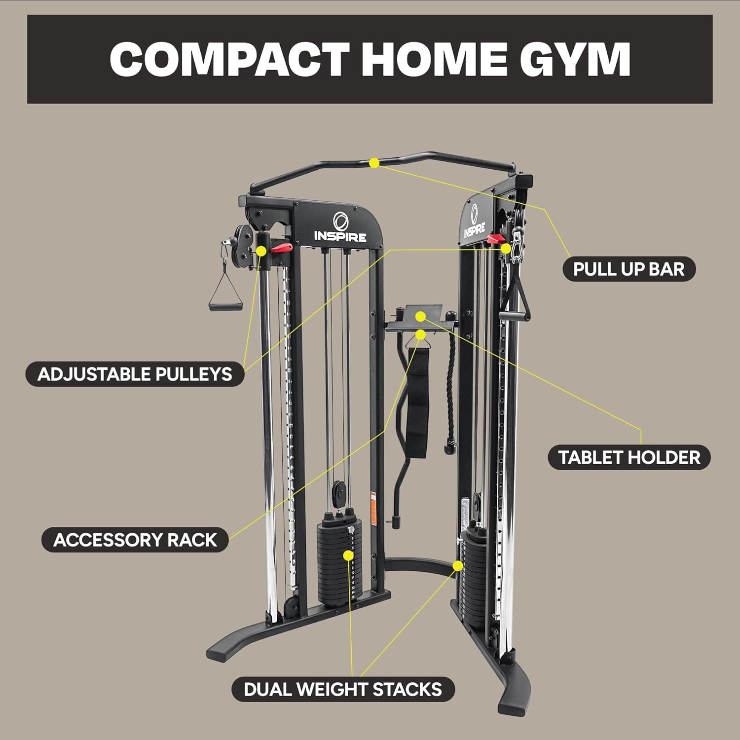 Inspire Fitness FTX Functional Trainer and Fitness Essentials Kit - Compact at Home Workout Machine with Accessories - Space Saving Design - Home Gym Cable Machine