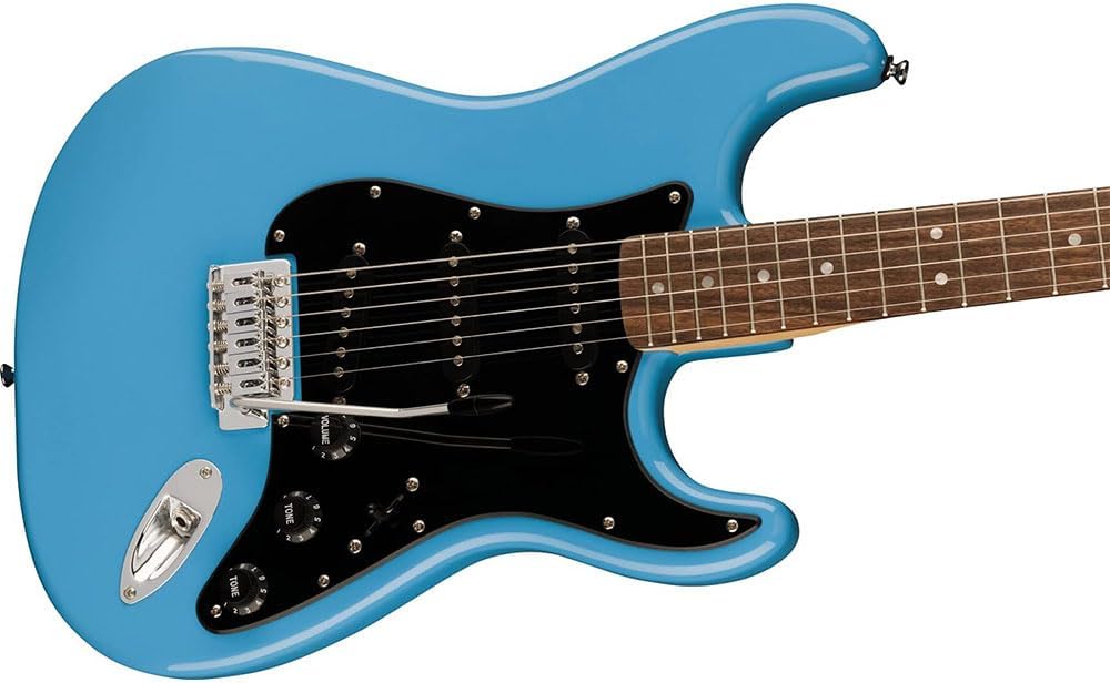 Squier Sonic Stratocaster Electric Guitar California Blue, Laurel Fingerboard, Black Pickguard Bundle with Fender Logo Guitar Strap Black, Fender 12-Pack Celluloid Picks, and Cable