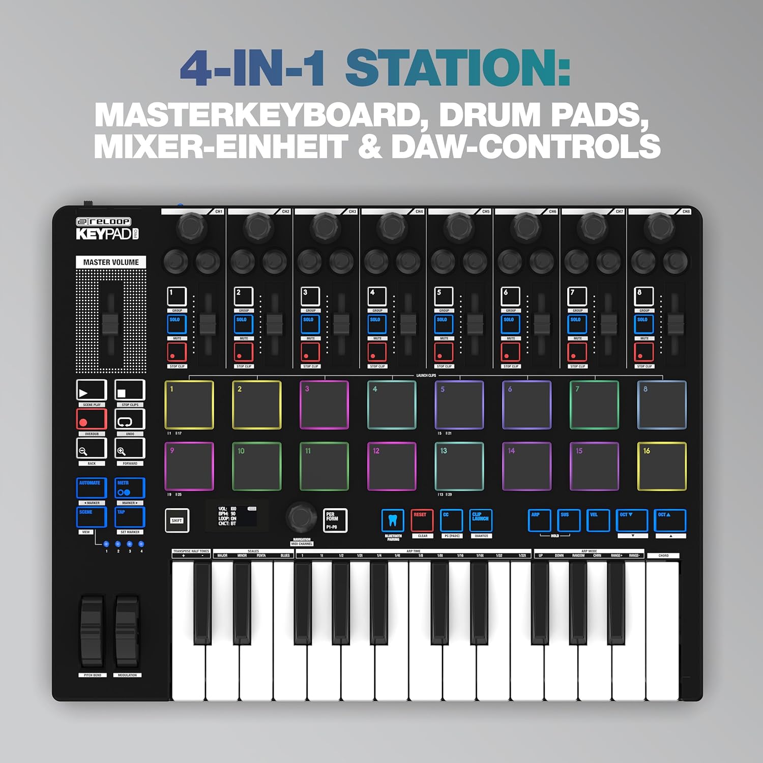 Reloop Keypad Pro Compact USB-MIDI DAW workstation with full Bitwig integration, 4-in-1 Station: master keyboard, drum pads, mixer unit & DAW controls