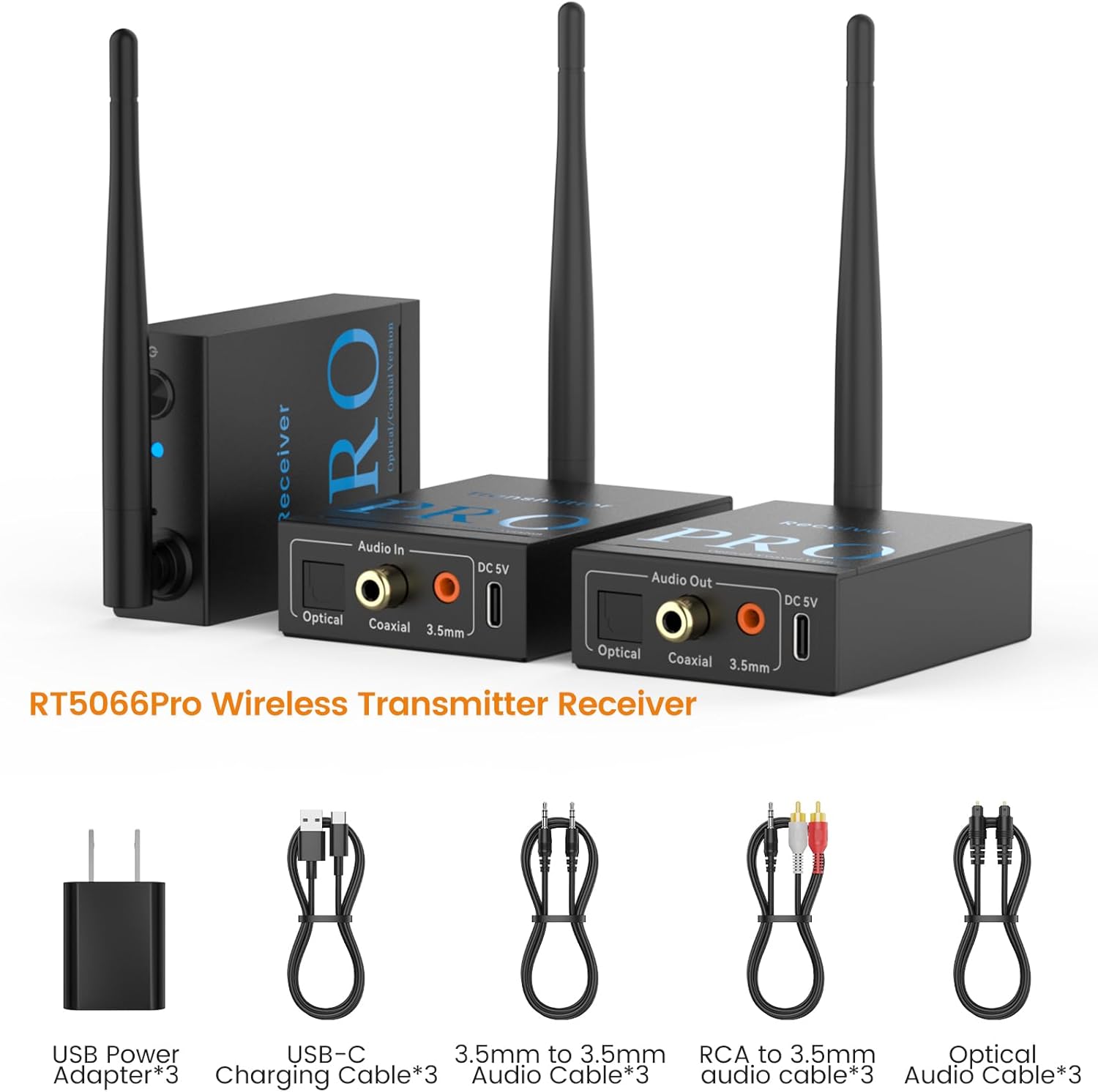 1Mii 3-in-1 2.4Ghz Wireless Audio Transmitter Receiver for 2 Subwoofer/Active Speaker/Power Amplifier, 20ms Low Latency, 320ft Range, Optical/Coaxial/3.5mm(RCA) Audio Input/Outpu