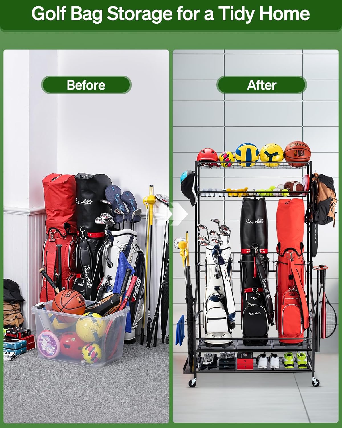 Golf Bag Storage Garage Organizer, 3 Golf Bag Stand and Sports Equipment Storage Rack for Garage with Wheels, 4 Hooks, Golf Accessories Storage Rack with Extra Golf Clubs Display Rack