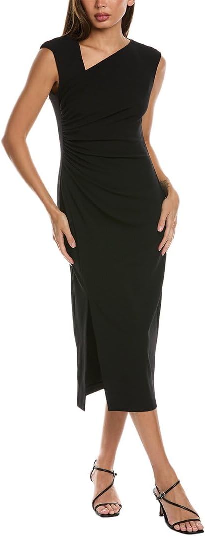 Anne Klein Womens Asymmetrical Neck Ruched Midi Dress