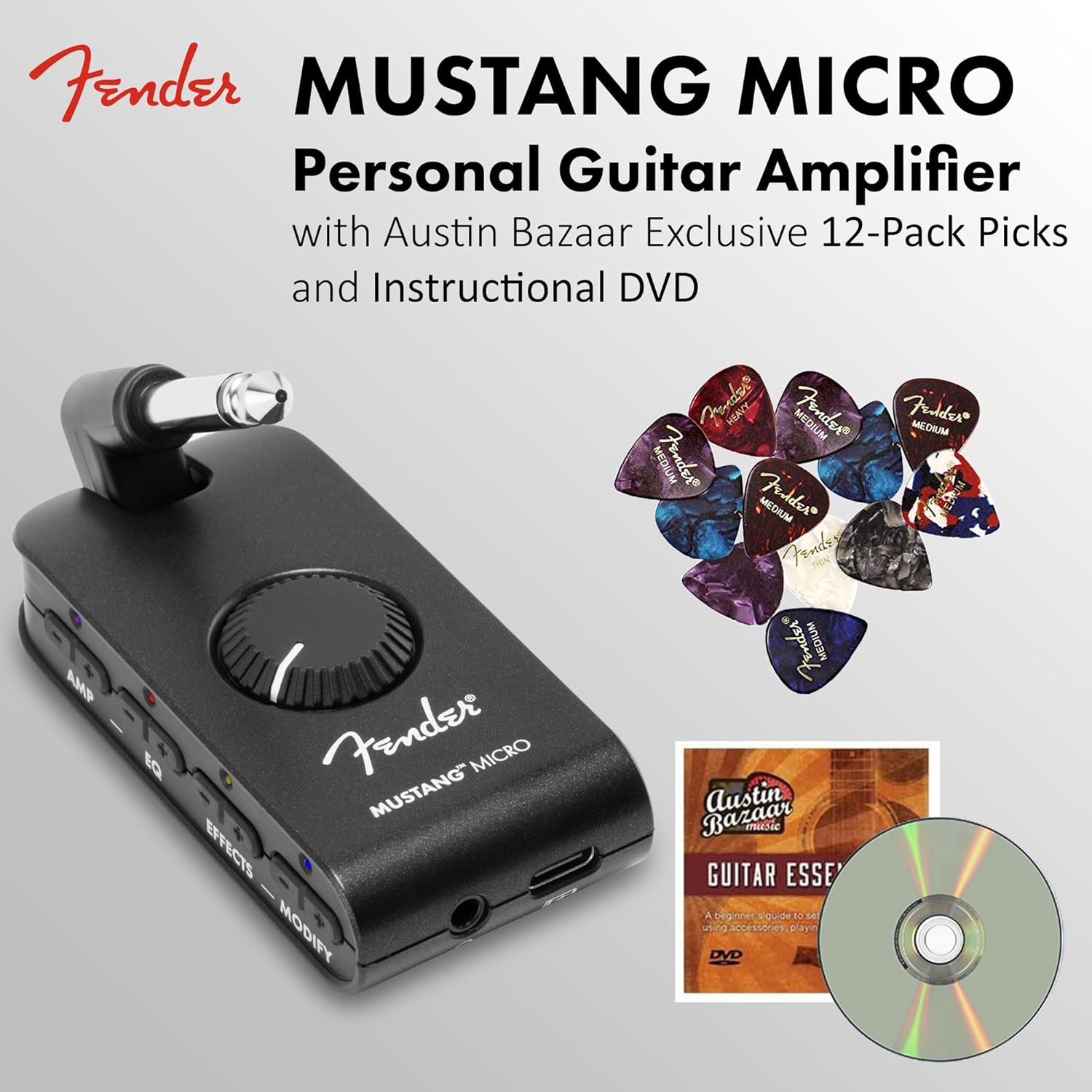 Fender Mustang Micro Personal Guitar Amplifier Bundle with Austin Bazaar Exclusive 12-Pack Picks and Instructional DVD