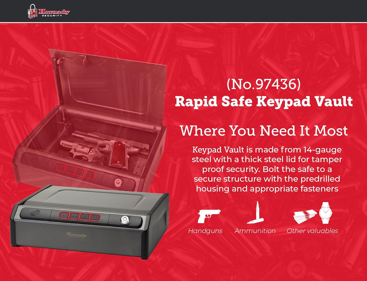 Hornady Rapid Safe Keypad Vault with RFID Touch Free Entry, 97436 - Tamper Proof Gun Safe Perfect for Storing Handguns, Gun Accessories, & Valuables - Three Entry Methods with 2 Included RFID Tags