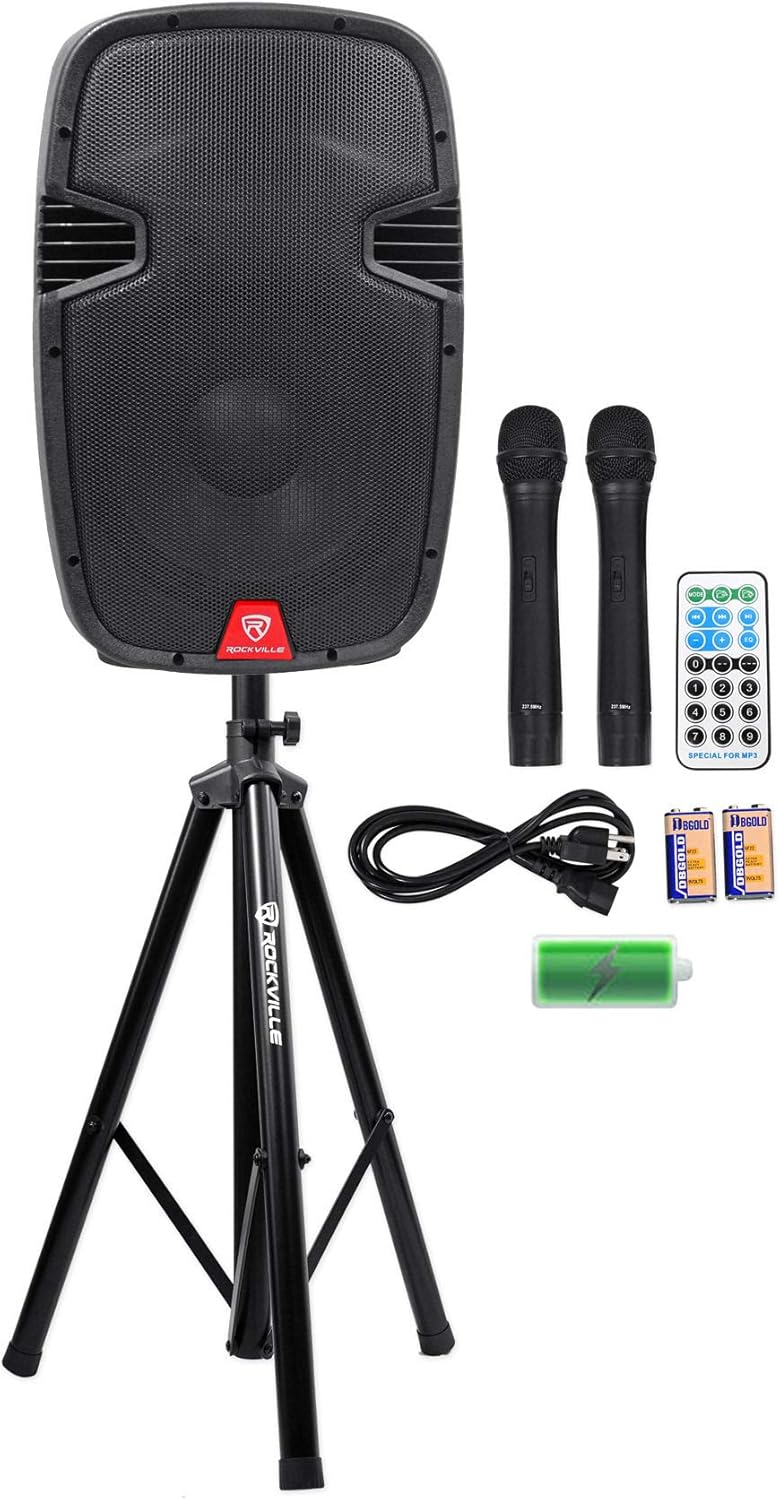 Rockville RAM12BT Bundle: 12-in Rechargeable Powered 600W Peak / 150W RMS DJ PA Speaker with Bluetooth and 2 Wireless Microphones, RVES05 Heavy Duty Tripod Pole-Mount Speaker Stand, 2-Items