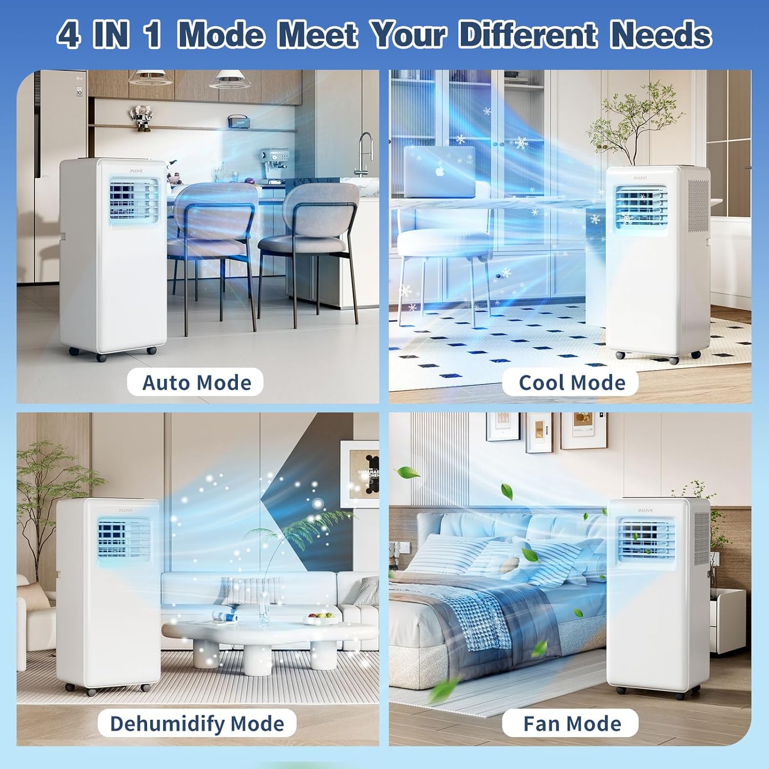JINJUNYE 10,000 BTU Portable Air Conditioners 4 IN 1 with 7 Colors LED Light, Portable AC Unit Dry, Fan, Sleep Mode, Cools Up to 450 Sq.Ft, 24H Timer, Window Kit, Not Include Battery KF450062-1