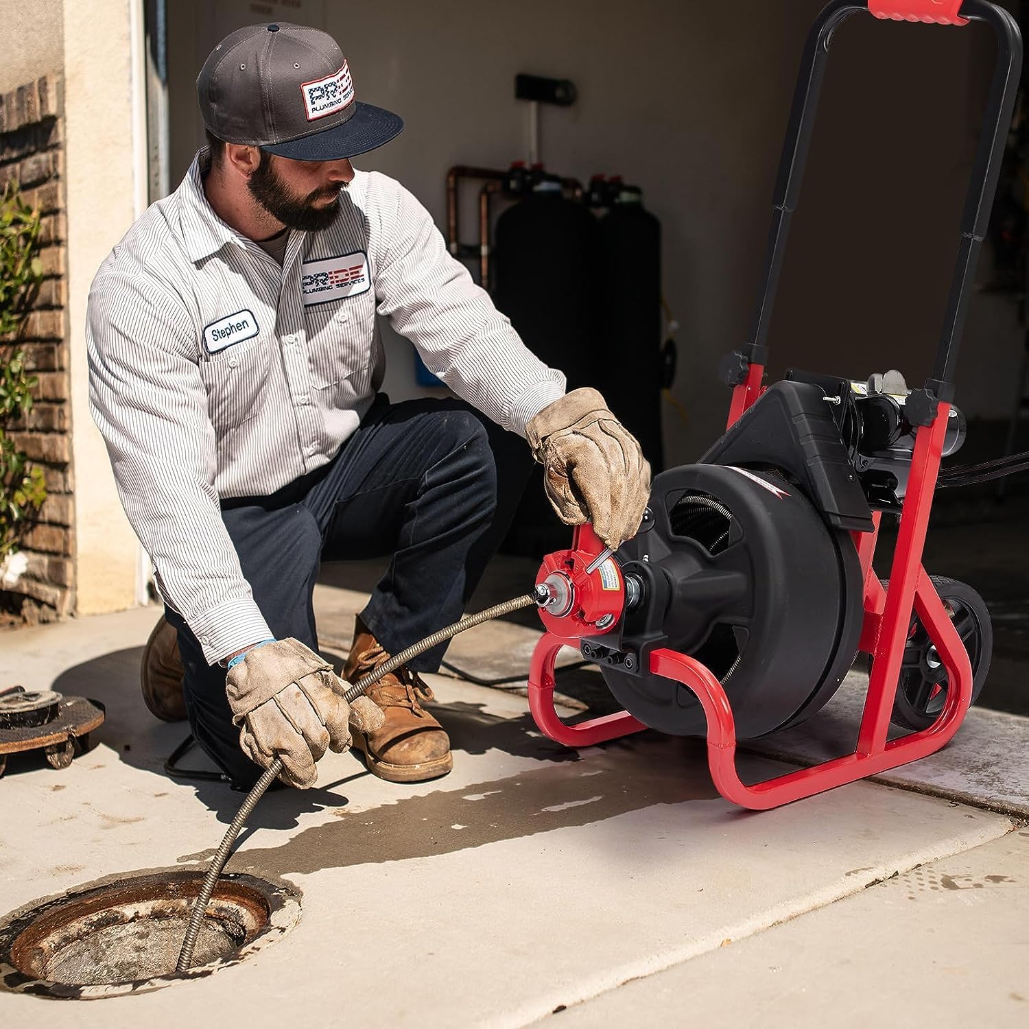 Drain Cleaner Machine - 100Ft x 3/8 Inch, Auto-feed Electric Drain Auger for Plumbing with 6 Cutters, Glove, Commercial sewer snake Drill Drain Auger Cleaner for 2‘’- 4‘’(50-100mm) Pipes